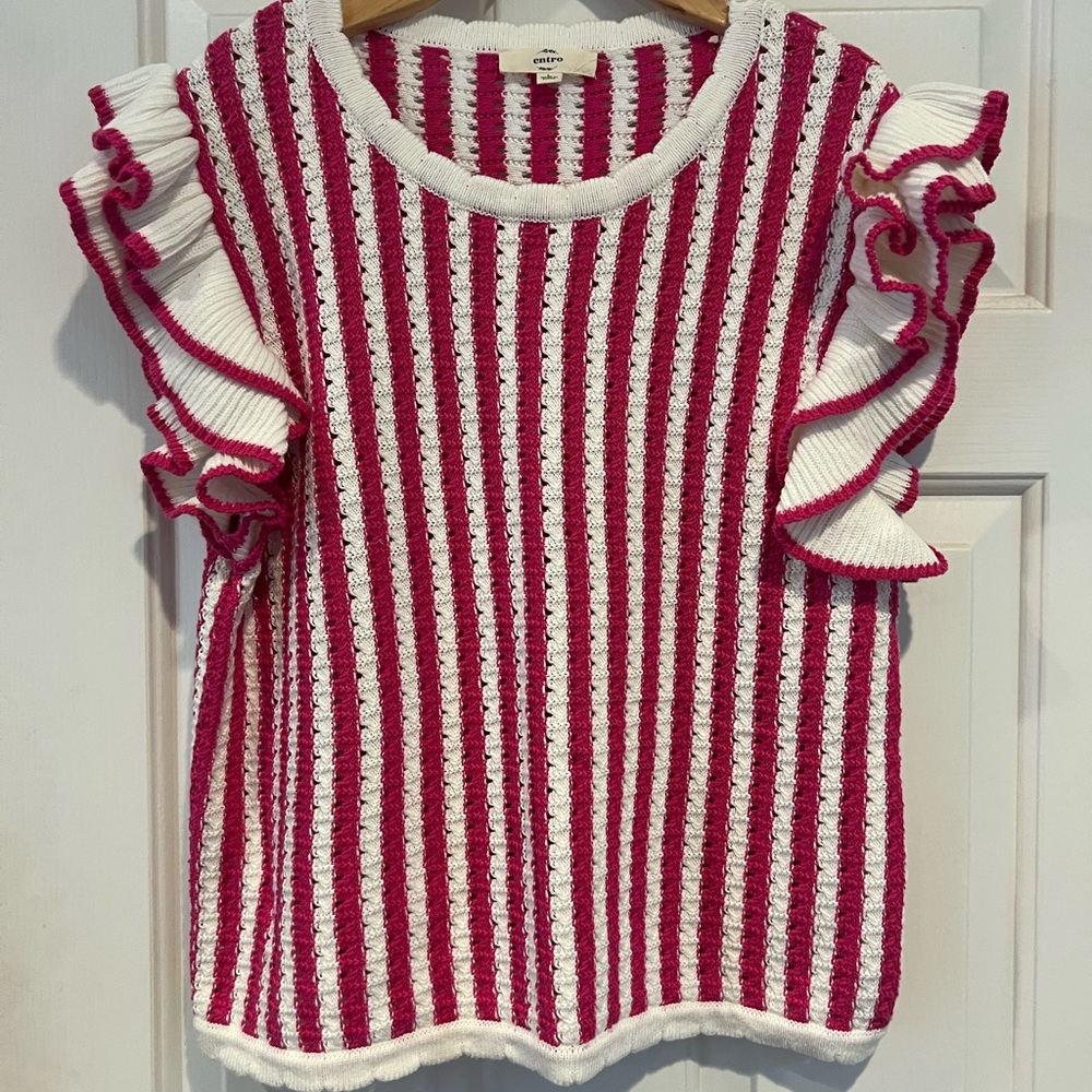 Entro Pink and White Sweater with Ruffled Accents